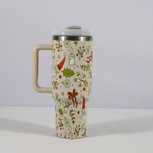 New Christmas Pattern Mug With Handle Lid Straw Drinkware Stainless Steel Vacuum c Large Capacity Car Travel Coffee Cup